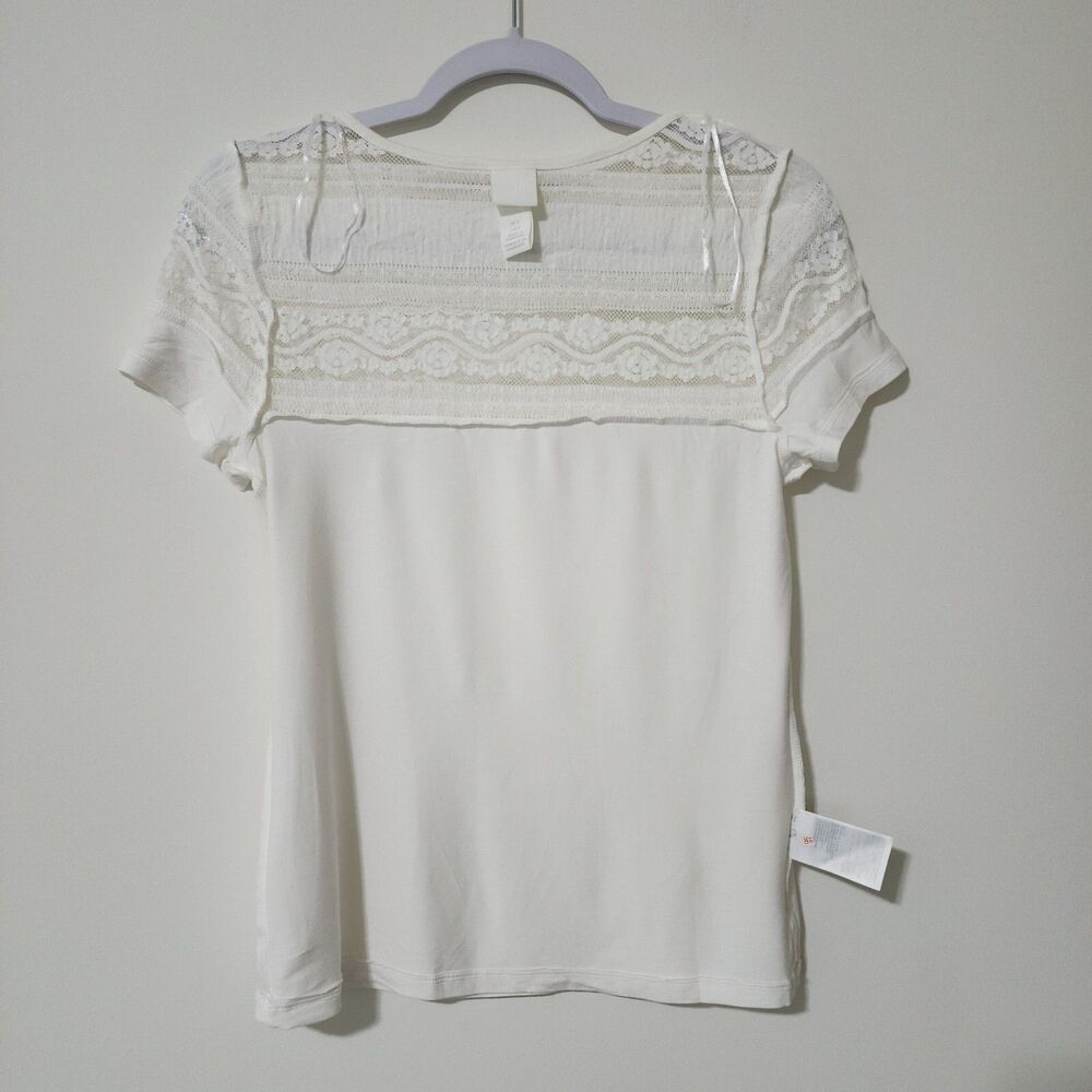 H&M Womens Yoke Lace Ruffle Top Ivory Jersey Short Sleeve Crew Neck Size S - Picture 6 of 11